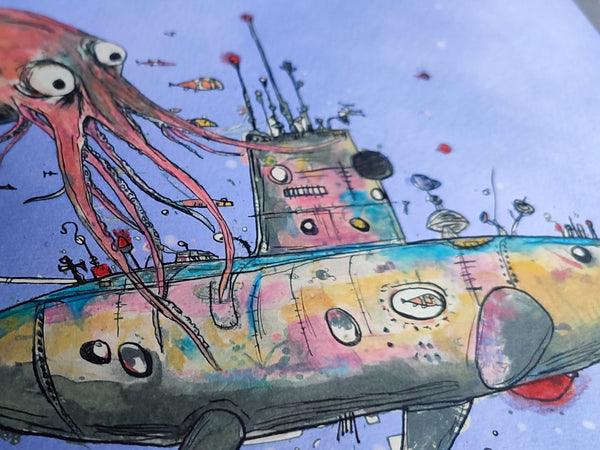 20,000 Leagues Under The Sea, Quirky, ink and watercolour sketch original. A4