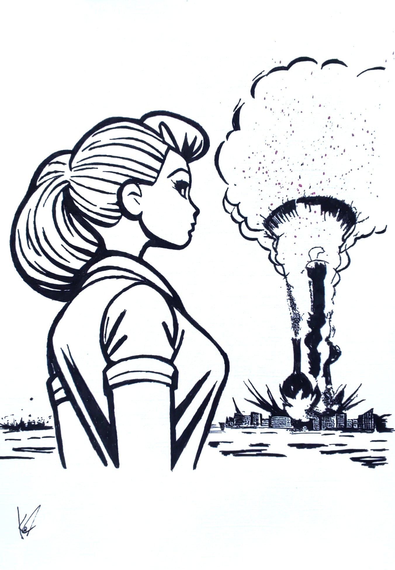 Barbie V Oppenheimer, ink sketch original. A4