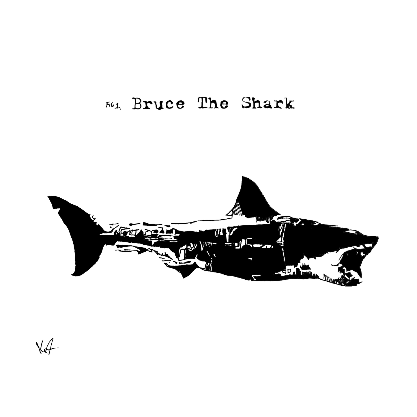Bruce the Shark, Jaws 1974, ink sketch original. A4